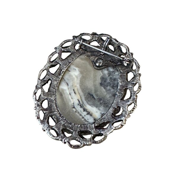 Dendritic Jasper Vintage Brooch Pin Gray & White Stone Metal Frame 2" x 2.5" - Picture 2 of 7